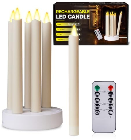 BrightWish Candele LED Ricaricabili con Telecomando e Base di Ricarica, Candele Senza Fiamma con 3D Tremolante e Timer, Ideali per Natale, Halloween, Matrimonio e Decorazione della Casa, Set da 6a
