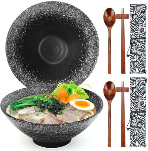 2 Set Ceramic Ramen Bowl - Japanese Noodle Bowls with Chopsticks & Spoons for Soup Ramen Pasta Fruit Salad Rice Food - 1050 ML, Microwave Safe, 20CM - Housewarming Gifts for New Home (Galaxy Black)