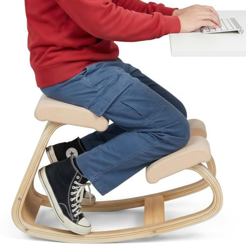 WUDLEP Ergonomischer Kniestuhl, 113,4 kg Tragkraft, Haltungshocker für Heimbüro, Meditation, Holz-Knieschaukelstühle zur Linderung und Verbesserung von Rücken- und Nackenschmerzen (beige)