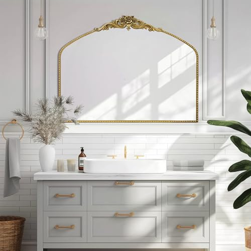 G-LEAF Antik Wandspiegel Gold Bogenform Barock - 101x76 cm Großer Vintage Spiegel mit Ornament-Krone, Eleganter Metallrahmen Dekospiegel für Badezimmer, Wohnzimmer & Flur