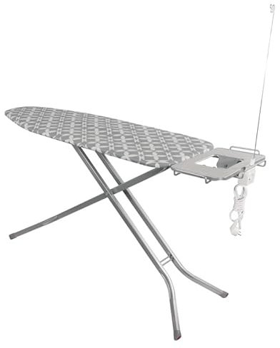 Bügelbrett Advanced PRO mit Steckdosenverlängerung, Kabelhalterung, Bügeleisenablage, rutschfest – Höhenverstellbar bis 99 cm, klappbar, 120 x 42 cm Bügelfläche