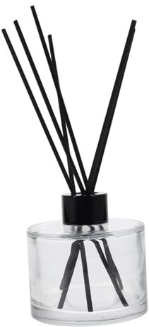 QUMIIRITY Botella De Perfume De Vidrio 200 Ml Cilíndrica, Tapa Negra y 6 Varillas De Ratán Negras, Frasco para Aceite Esencial Multifuncional, Almacenamiento para Aromas Hogar y Coche