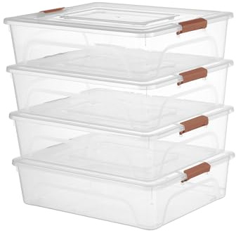 novelinks Clear Stackable Storage Bins with lid Storage Boxes Durable Plastic Organizer Containers for Home Office, Kitchen, Craft Supplies (10 Quart 4 Pack Brown)