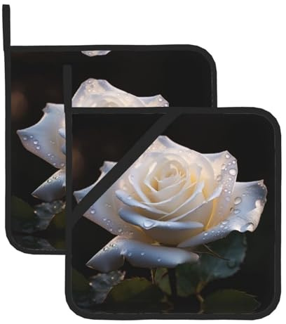Set di 2 presine da cucina con stampa di rose bianche, sottopentola per cucina e cottura