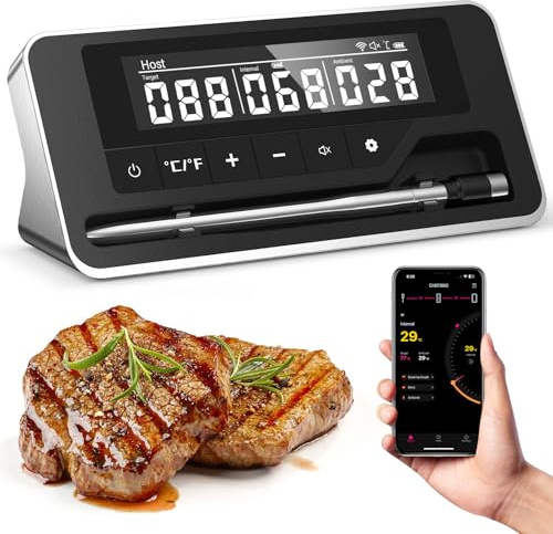 Termometro Carne, Meat Thermometer Inalámbrico con Aplicación, IP67 a Prueba de Agua Termometro Cocina para BBQ, Horno, Grill, Cocina, Asador