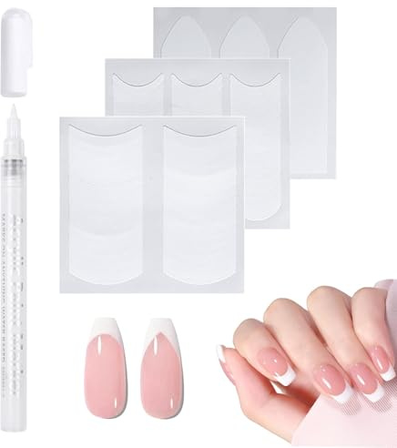 French Manicure Set, 0.7mm White Tip Nail Pen & 3 Sheet French Tip Stickers, Essential Self-Adhesive Nail Art Tools for DIY at Home Manicure with Quick Dry Pen and French Tip Guide for Women