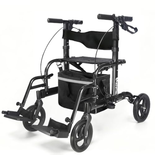 AEVITAL Rollator Faltbar Leicht mit Sitz Rollator Breitere Sitz 46cm | Rollator Rollstuhl 2 in 1 Alu Gehhilfe für Senioren, Fußstützen Höhenverstellbar Rollator für Wohnung, Draußen, 9.3kg