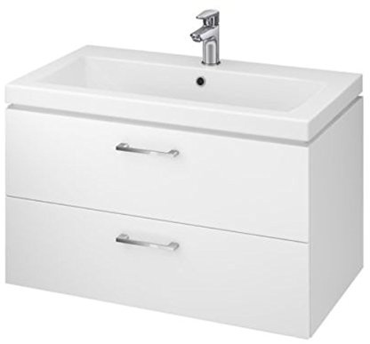 VBChome Badmöbel Set 80 cm Weiß Hochglanz – Waschbecken mit Unterschrank 2 Schubladen Soft-Close – Hängeschrank Lara – Waschtisch Badezimmermöbel Keramikbecken