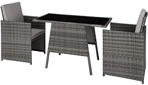 tectake® Poly Rattan Sitzgruppe für 2 Personen, Outdoor Möbel platzsparend zusammenschiebbar, 2 Sessel & 1 Tisch, ideales Balkon Lounge Set, Gartenmöbel, Terrassenmöbel wetterfest - grau