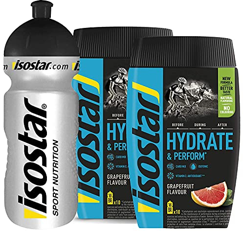 Isostar Hydrate & Perform Iso Drink - 400 g di polvere isotonica per bevande - polvere di elettroliti per supportare le prestazioni atletiche - 2 x pompelmo + bottiglia da 0,5 litri