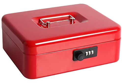 Cash Box with Money Tray, Parrency Large Money Box with Combination Lock, 9.8 x 7.9 x 3.5 inches, Red