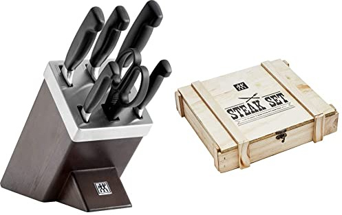 ZWILLING Selbstschärfender Messerblock, 7-tlg., Holzblock, Messer und Schere & 07150-359-0 Steak Besteckset in rustikaler Holzbox, Edelstahl, 12-teilig