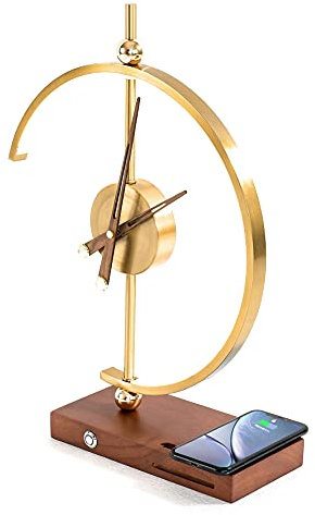 Germans Connections Flavio Russo Golden Time Decoration Table Desk LED Lamp with Elegant 12 Hour Clock QI Wireless Phone Charger and USB Port