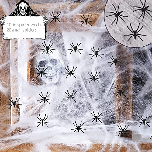 Halloween Deko 100g Spinnennetz 20 Spinnen, Halloween Deko Set, Spinnennetze mit Gefälschte Spinnen, Spinnennetz Halloween Spinne Deko für Halloween Party Feste Kamin Fenster Türen Dekoration