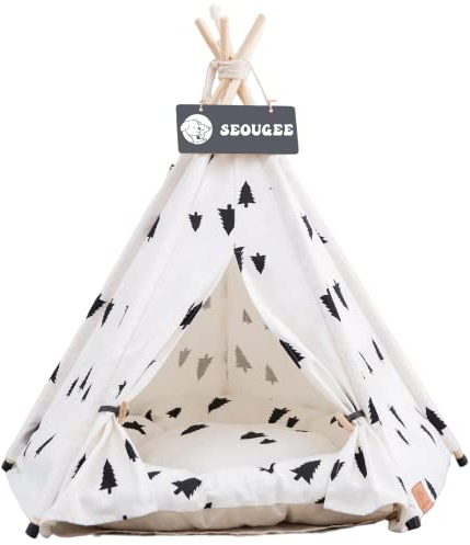 SEOUGEE Haustiere Tipi Zelt für Hunde und Katzen Waschbar und Abnehmbar Baumwolle Canvas Hundebett und Katzenhaus mit Kissen Indoor und Outdoor Pet Kennel und Spielhaus Tragbar und Stilvolles Tipi