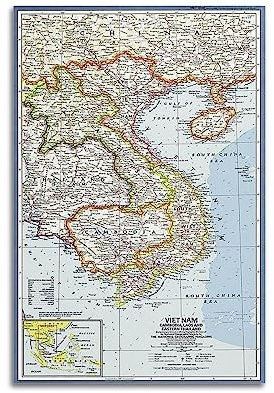 JONZA Poster con mappa Vietnam, Cambogia, Laos e Thailandia orientale, stile classico, pittura decorativa su tela, decorazione da parete e camera da letto, 50 x 75 cm