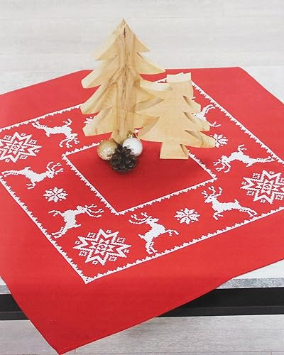 KAMACA Stickpackung Kreuzstich vorgezeichnet Baumwolle komplettes Stickset mit Stickvorlage Stickerei-Kit zum Selbersticken Erwachsene (Rentiere rot MD 72x72 cm)