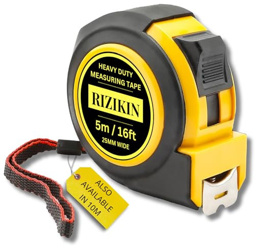 Rizikin Heavy Duty Tape Measure 5m 16ft - Stainless Steel Measuring Tape 5 metre - Retractable Measurement Tape - Imperial and Metric Tape Measure with Metal Belt Clip (5 Metre)