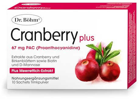 Dr. Böhm Cranberry plus: Für Blase, Schleimhäute & Immunsystem, mit Cranberry, D-Mannose, Biotin, pflanzlichen Inhaltsstoffen, Vitamin C & D, 10 Sachets Brausegranulat