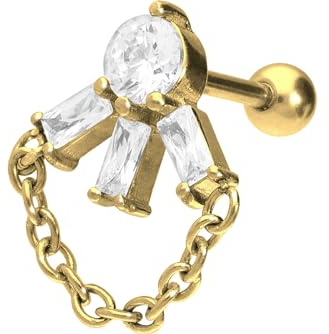 PIERCINGLINE Ohrpiercing aus Chirurgenstahl mit eingefassten Kristallen + Kette Piercing als Ohr-Stecker, Helix oder Tragus in 4 stylischen Farben