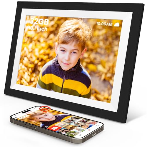 Cornice Digitale WiFi in legno, 10.1 Pollici Touch Screen Prospettiva Completa IPS HD 1280x800 32GB SONVGOO Portafoto Digitale Rotazione Automatica, Condividi foto/video tramite Frameo App
