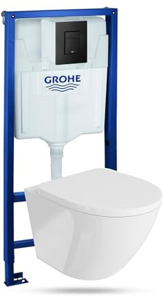 Lavita Vorwandelement Solido + Wand Hänge WC Sofi Weiß Spülrandlos + WC Sitz mit Absenkautomatik Schwarzer Knopf Komplettset Unterputz Spülkasten Toilette Komplett Sett WC