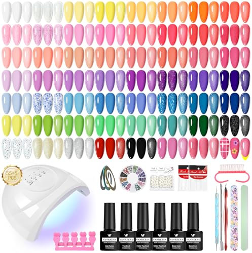 VANREESA 55 Couleurs Kit Verni Semi Permanent, 77 PCS Kit Ongle Gel U V Complet avec Top Base Mat Pailleté Coat et Lampe LED 48W U V et Outils de Manucure, Cadeau pour les Femmes