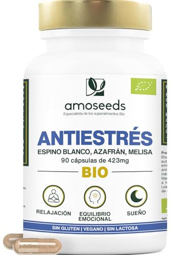 Antiestrés BIO | Melisa, Espino Blanco, Azafrán | Equilibrio Emocional, Relajación, Reduce la Tensión Nerviosa | 90 cápsulas de 423mg | Prima Calidad