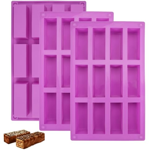 3 Piezas Moldes de Barra de Cereal, 12 Cavidades Molde Silicona Rectangular | Moldes para Barritas Energeticas para Hacer Barritas de Cereales, Magdalenas, Brownies, Pasteles, Pan de Maíz