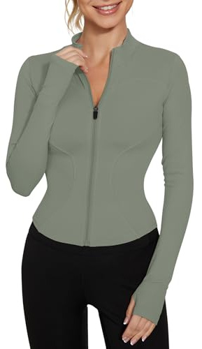 LUYAA Women's Lightweight Athletic Jacket Sun Protection Full Zip Long Sleeve Shirts Hiking Outdoor Workout Tops Grey Green M