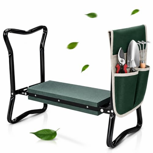 CROSSFER® Kniebank für Gartenarbeit Belastbarkeit 150KG, Gartenhocker Klappbar mit Werkzeugtasche, Kniehilfe für Gartenarbeiten Grün