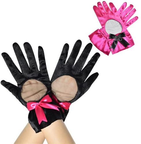 2 Paar Rosa Satin Handschuhe Kurz Damen Spitzenhandschuhe Seide Netz Rüschenhandschuhe Mit Schleife Brauthandschuhe Vintage Elegant Operhandschuhe Blumen Gloves für Hochzeit Teeparty Cosplay