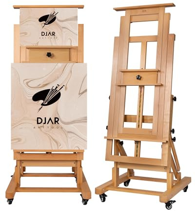 DJAR Extra Large H-Frame Art Easel, Movable Tilts Flat Painting Stand for Artist, Adjustable Solid Beechwood Heavy Duty Floor Easel for Painting, Hold 1 or 2 Canvas up to 79 Natural