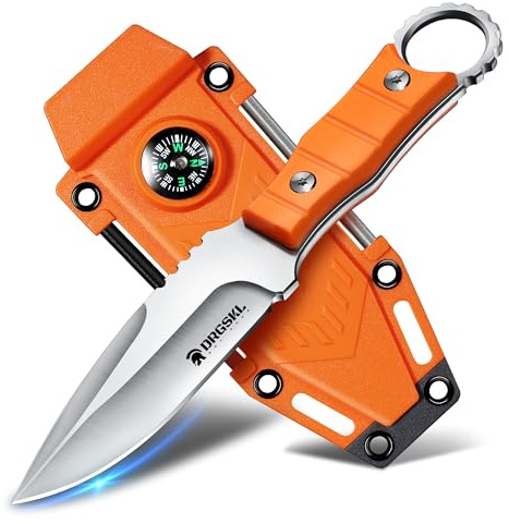 DRGSKL-Outdoor Messer Survival aus D2 Stahl 3-in-1 Funktionen,Orange | Mit Kompass Kydexscheide und Feuerstahl,EDC 9.3cm Klinge, Jagdmesser Mit Feststehende Klinge für Männer Camping Jagen Wandern