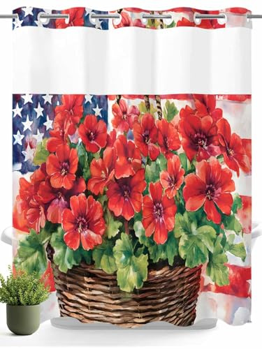 Eeijunphn No Hooks Shower Curtain with Snap in Fabric Liner Set, Vintage Red Begonia Flower Shower Curtains Waterproof & Washable Bathroom Curtain with See Through Top Window,Hotel Style, 66x72in