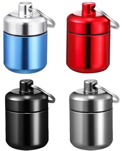 4-Piece Mini Pill Organiser – Portable Metal Case with Keyring, Waterproof & Compact for Travel – Round Holder for Vitamins, Medication & Supplements (Ideal for Outdoors)