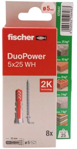 fischer - Duopower 5x25 Con Alcayata - 8U, Tacos para pared multimaterial, sirven para Colgar Bicicletas, Cuadros, Armarios, Soportes de Televisión, Estanterías, Muebles.