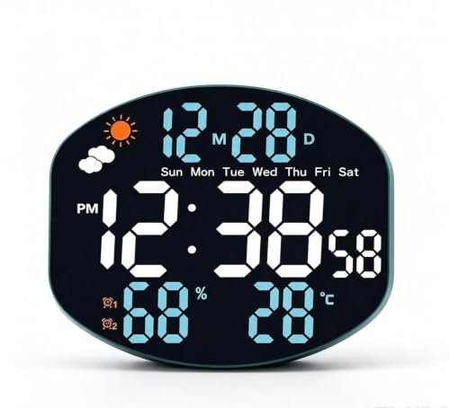 Grande orologio da parete digitale, multifunzione, a LED, stazione meteo digitale con sensore di umidità e temperatura, ampio display, ora, data, calendario, doppio allarme per soggiorno (bianco e blu