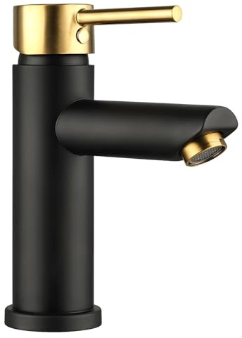 Hapilife Waschtischarmatur Bad Waschbecken Armaturen Schwarz und Gebürstet Gold Waschtischarmaturen, Monobloc Einhebel Heiß und Kalt Mono Waschraum Bad Wasserhahn mit UK Standard Schläuchen, Modern