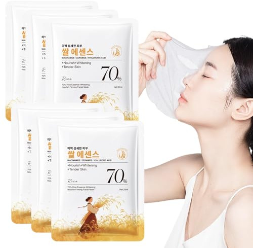 70% Rice Face Masks Skincare,Hydrating Sheet Face Mask Set with Hydrolyzed Rice Extract, Niacinamide, Moisturising Korean Sheet Masks for Brightening, Daily Care & Beauty Gift Set - 6PCS