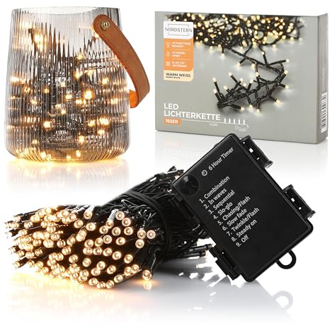 Nordstern LED Lichterkette Warmweiß 192 LEDs - Beleuchtung für Innen & Außen 14,5 m inkl. Timer und 8 Leuchtmodi - Batteriebetriebene Weihnachtsbeleuchtung