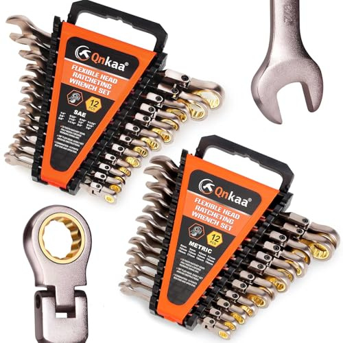 Qnkaa Flexible Ratcheting Wrench Set 24pcs Metric 8-19mm & SAE 1/4” to 7/8“ Inch Flex-Head Spanner Gear Ring Ratchet Combination Wrenches Kit with Portable Organizer