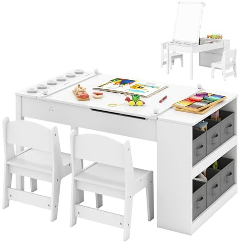 RELAX4LIFE Set Tavolino da Disegno e Sedie per Bambini, Scrivania con Piano Sollevabile, Rotolo di Carta, 6 Barattoli di Vernice e 6 Ceste di Tessuto, Tavolo Attività per Studio e Disegno (Bianco)