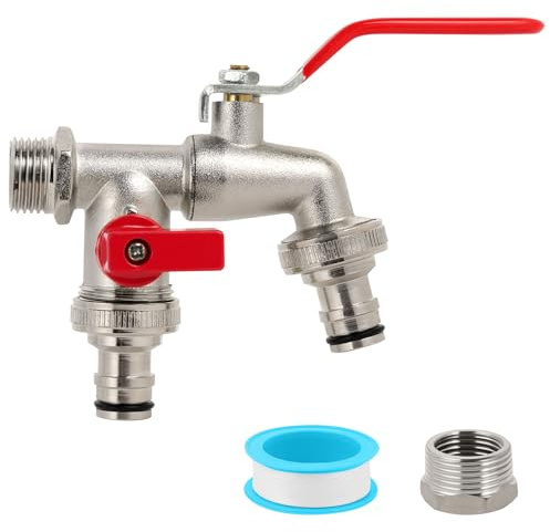 NUTKIT Grifo de Doble Salida de 1/2,Entrada 1/2 y Salida 3/4+Salida 1/2 | Grifo para Regar Parcelas o Patios, Resistente y Duradero,Fijación de Rosca