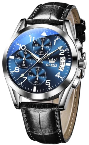 OLEVS Uhren Herren Chronograph Quarzuhr mit Lederarmband und Datum | Multifunktions 30M Wasserdicht Armbanduhr, Mineralglas Leuchtet im Dunkeln Analog Uhren fur Männer