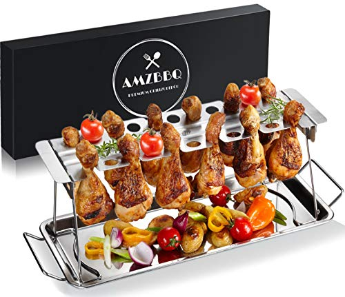 AMZBBQ® Premium Hähnchenschenkel Halter für 12 Keulen - Robuster Hähnchen Ständer aus 100% Edelstahl - Spülmaschinengeeignetes Hähnchenbräter-Grillzubehör für Männer Geschenk