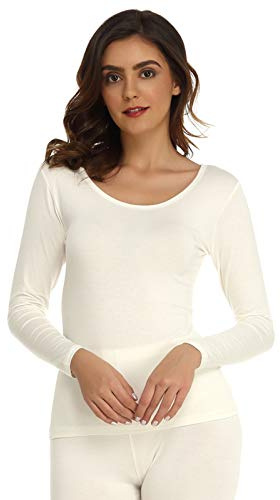 Mcilia Women's Ultrathin Modal Round Neck Long Sleeve Thermal Top/Shirt Off-White Medium (UK Size 12 14)