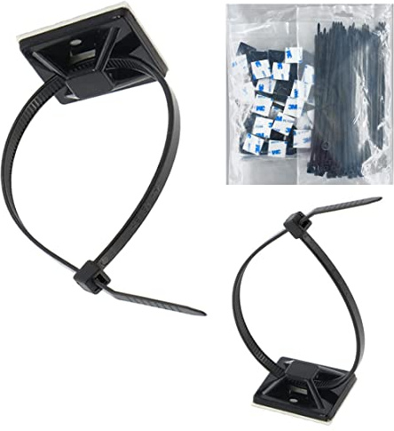 Strong Self Adhesive Wire Clips Cable Zip Tie Mounts 1 with 8 Inch Zipties Black UV Protection Outdoor 100 Pcs,Sticky Wire Fasteners Cable Guide Management Mounting Suqare Holder Anchor Base large