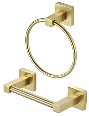 WOLIBEER Gold Toilet Paper Holder Hand Towel Holder, Brushed Brass Toilet Roll Holder Towel Ring, Modern Bathroom Hardware Set Stainless Steel Wall Mounted 2 Pieces