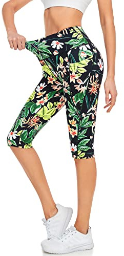 RIMLESS 7 Women's Capri Leggings with Pockets Knee Yoga Capri Pants for Workout P26-Pattern Flower-L